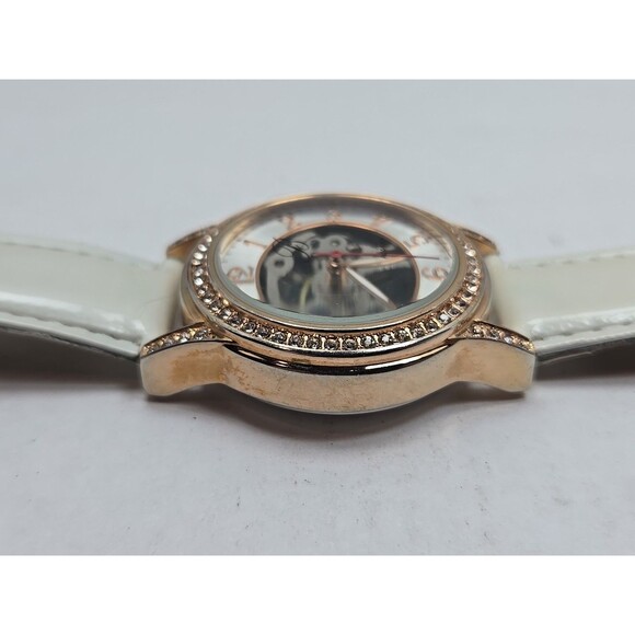 Burgi Automatic Skeleton Watch Rose Gold Crystal Bezel White Strap Exhibition - Picture 14 of 15